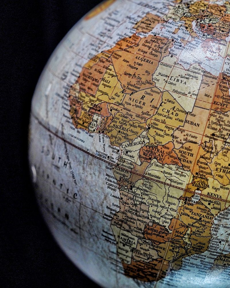 A vintage world globe turned to show Africa and the Middle East